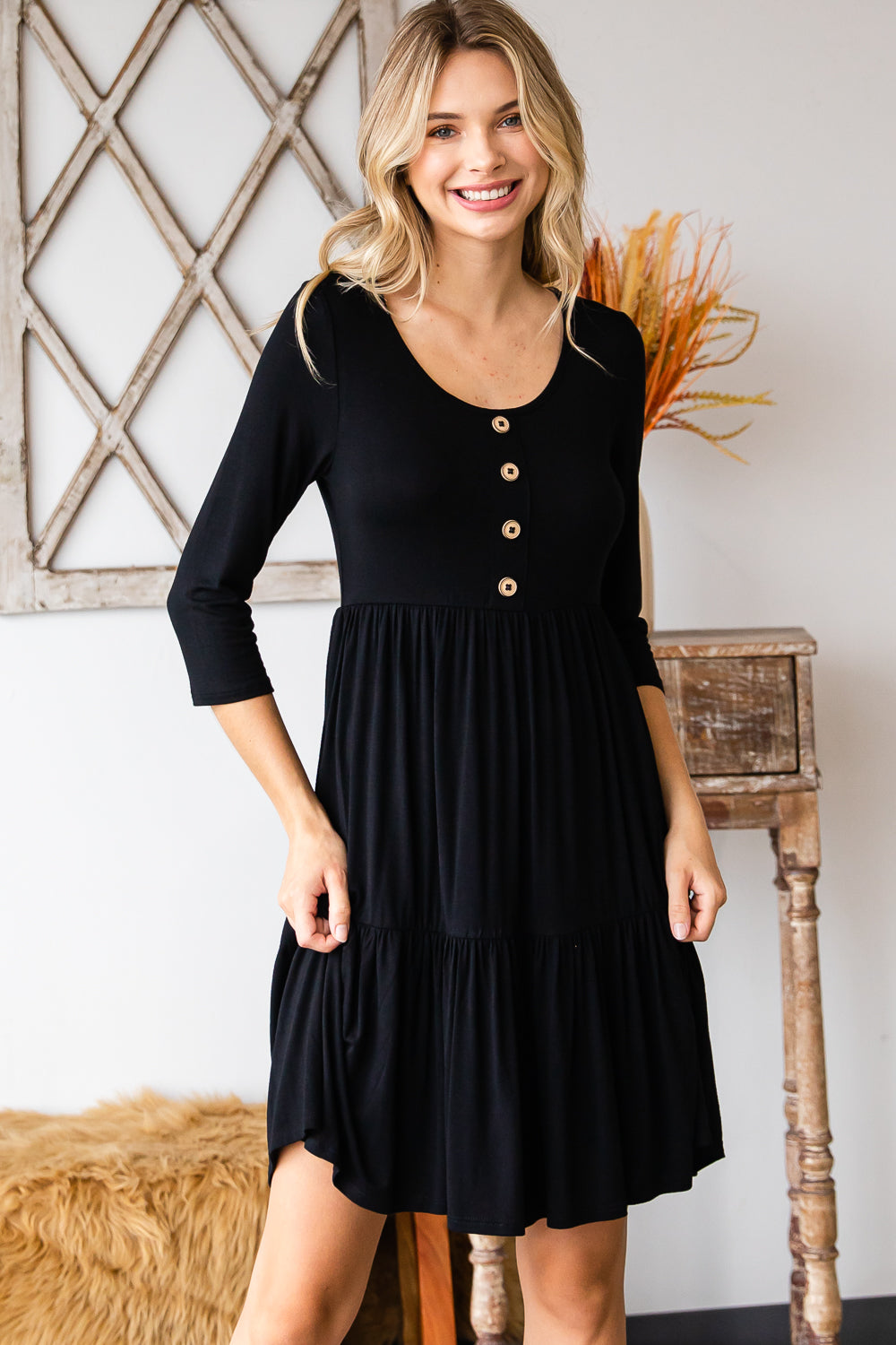 Round neck button front tiered black dress