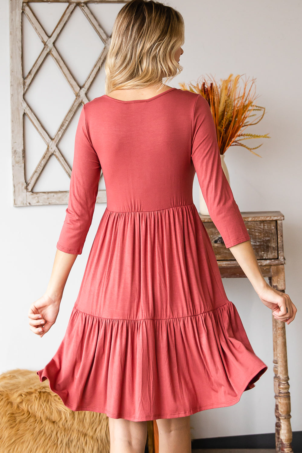 Round neck button front tiered marsala dress