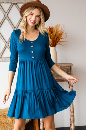 Round neck button front tiered teal dress