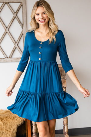 Round neck button front tiered teal dress