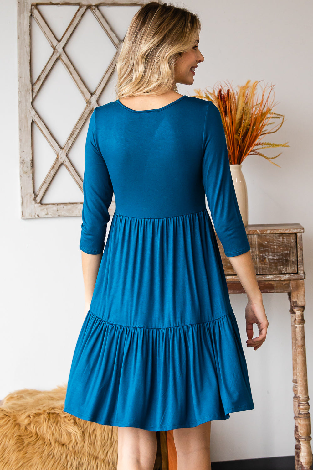 Round neck button front tiered teal dress