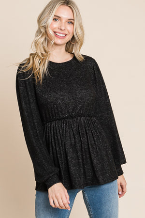 Long sleeve round neck ruffle empire black top