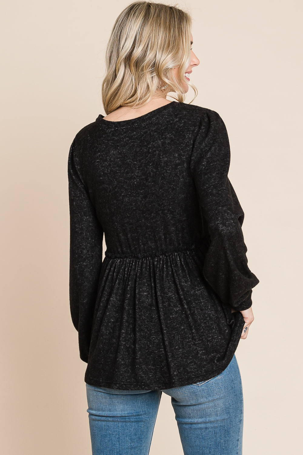 Long sleeve round neck ruffle empire black top