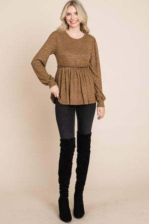 Long sleeve round neck ruffle empire cappucino top