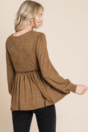 Long sleeve round neck ruffle empire cappucino top