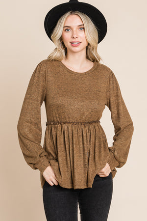 Long sleeve round neck ruffle empire cappucino top