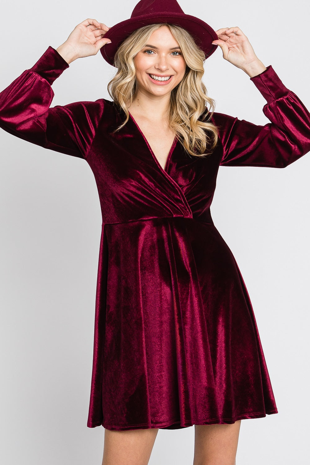 Long sleeve velvet surplus burgundy dress