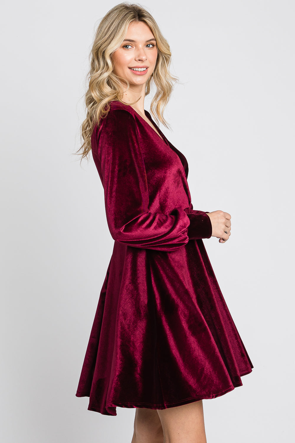 Long sleeve velvet surplus burgundy dress