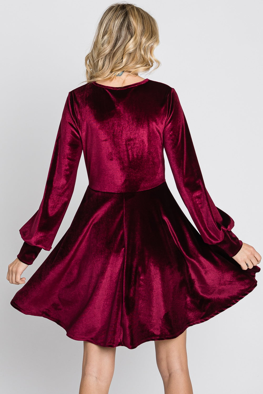 Long sleeve velvet surplus burgundy dress