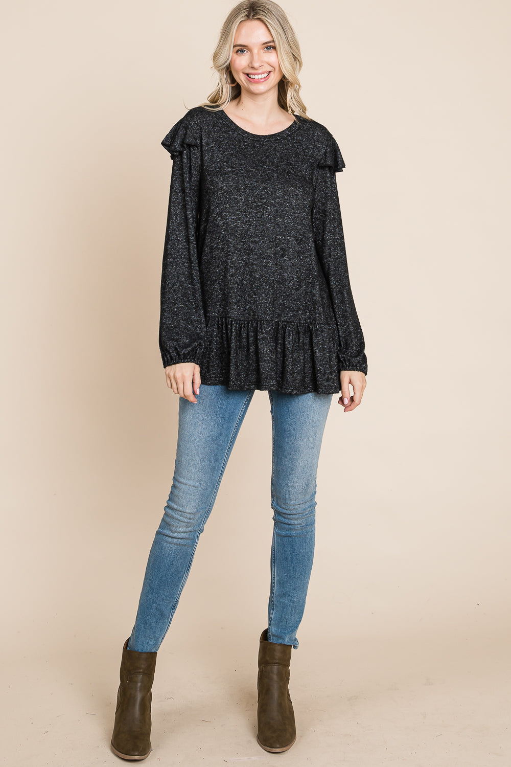 Long sleeve ruffle shoulder tunic black top