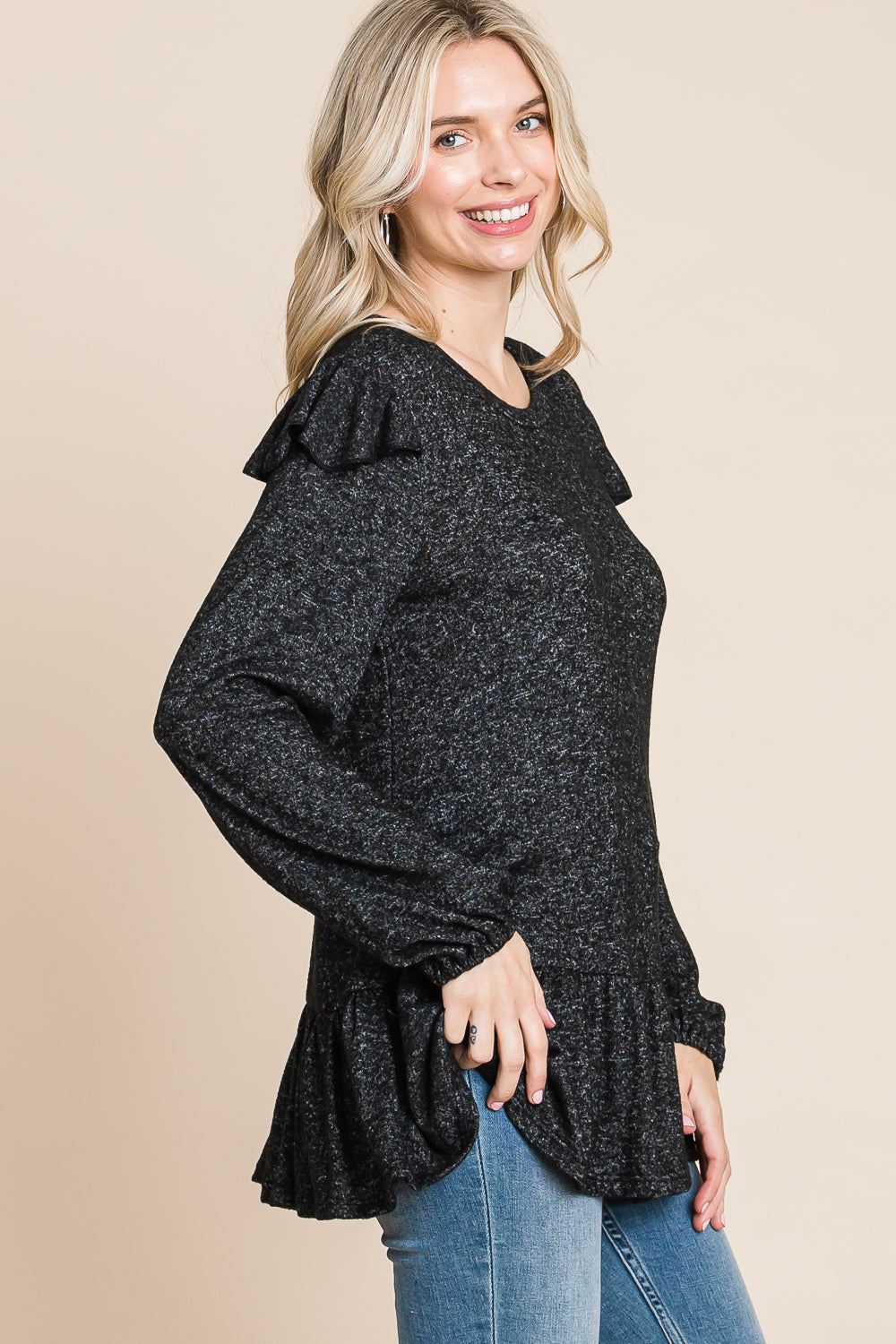 Long sleeve ruffle shoulder tunic black top