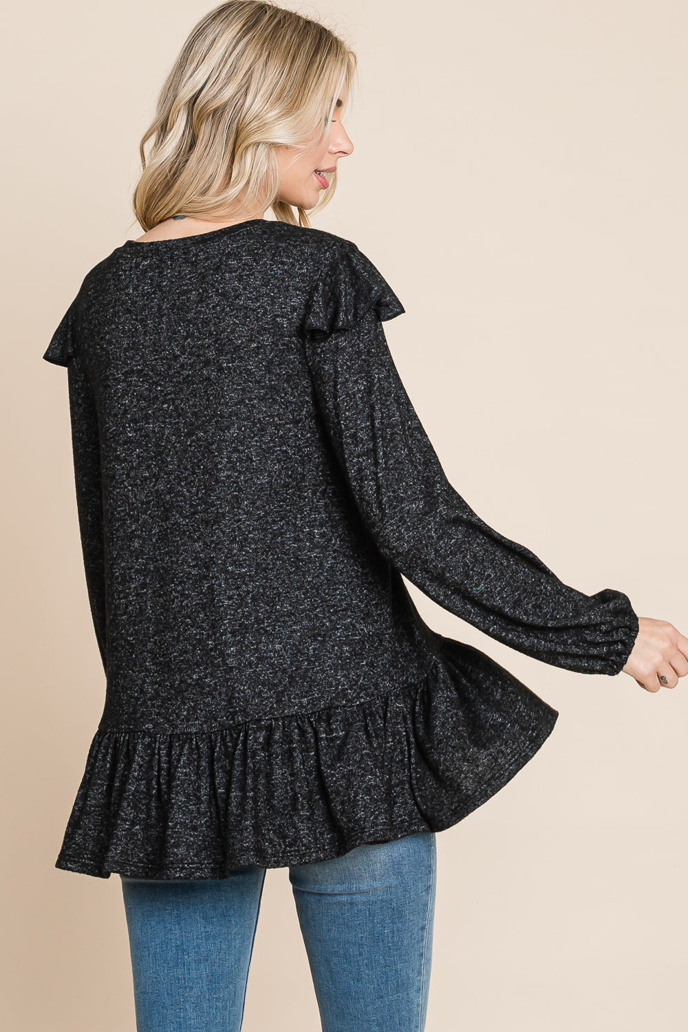 Long sleeve ruffle shoulder tunic black top