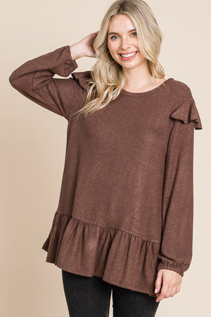 Long sleeve ruffle shoulder tunic brown top