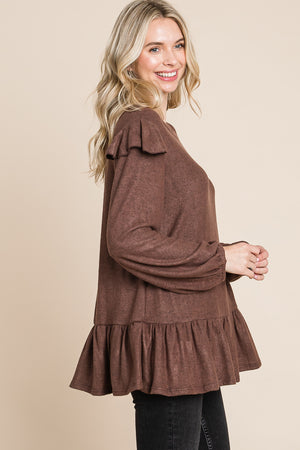 Long sleeve ruffle shoulder tunic brown top