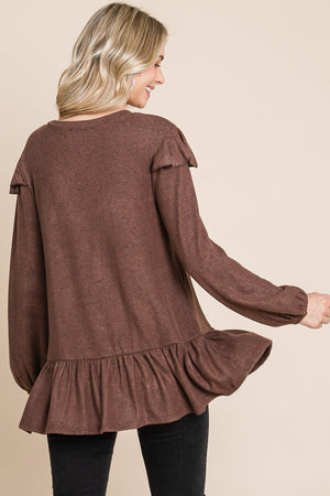 Long sleeve ruffle shoulder tunic brown top