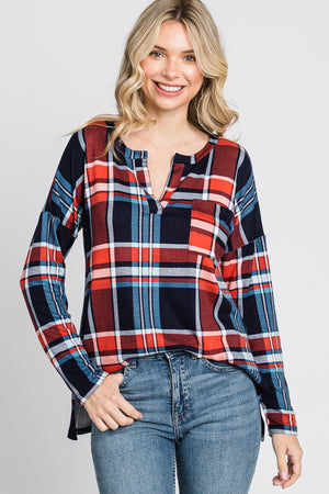 Long sleeve plaid pocket knit navy top