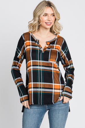 Long sleeve plaid pocket knit orange top