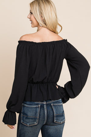 Long sleeve off shoulder tie front black top