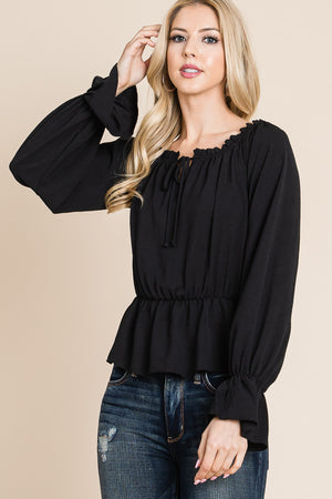 Long sleeve off shoulder tie front black top