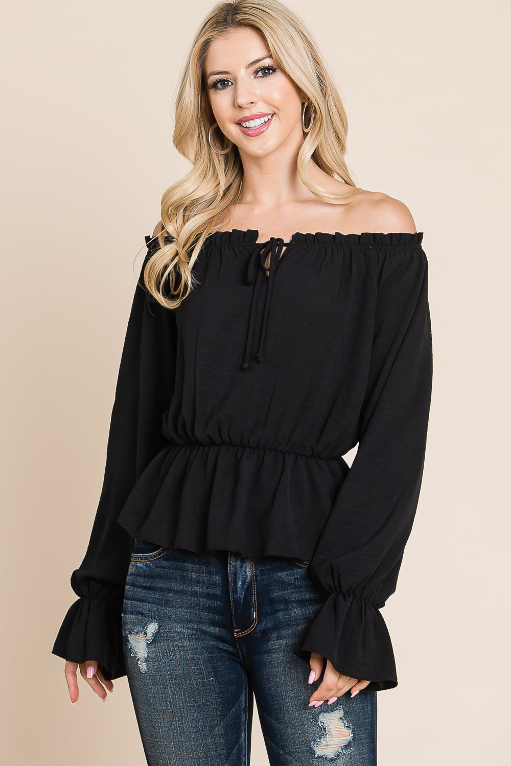 Long sleeve off shoulder tie front black top