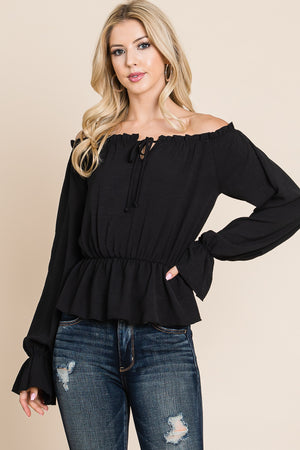 Long sleeve off shoulder tie front black top