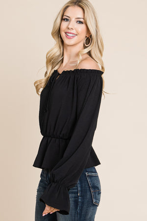 Long sleeve off shoulder tie front black top