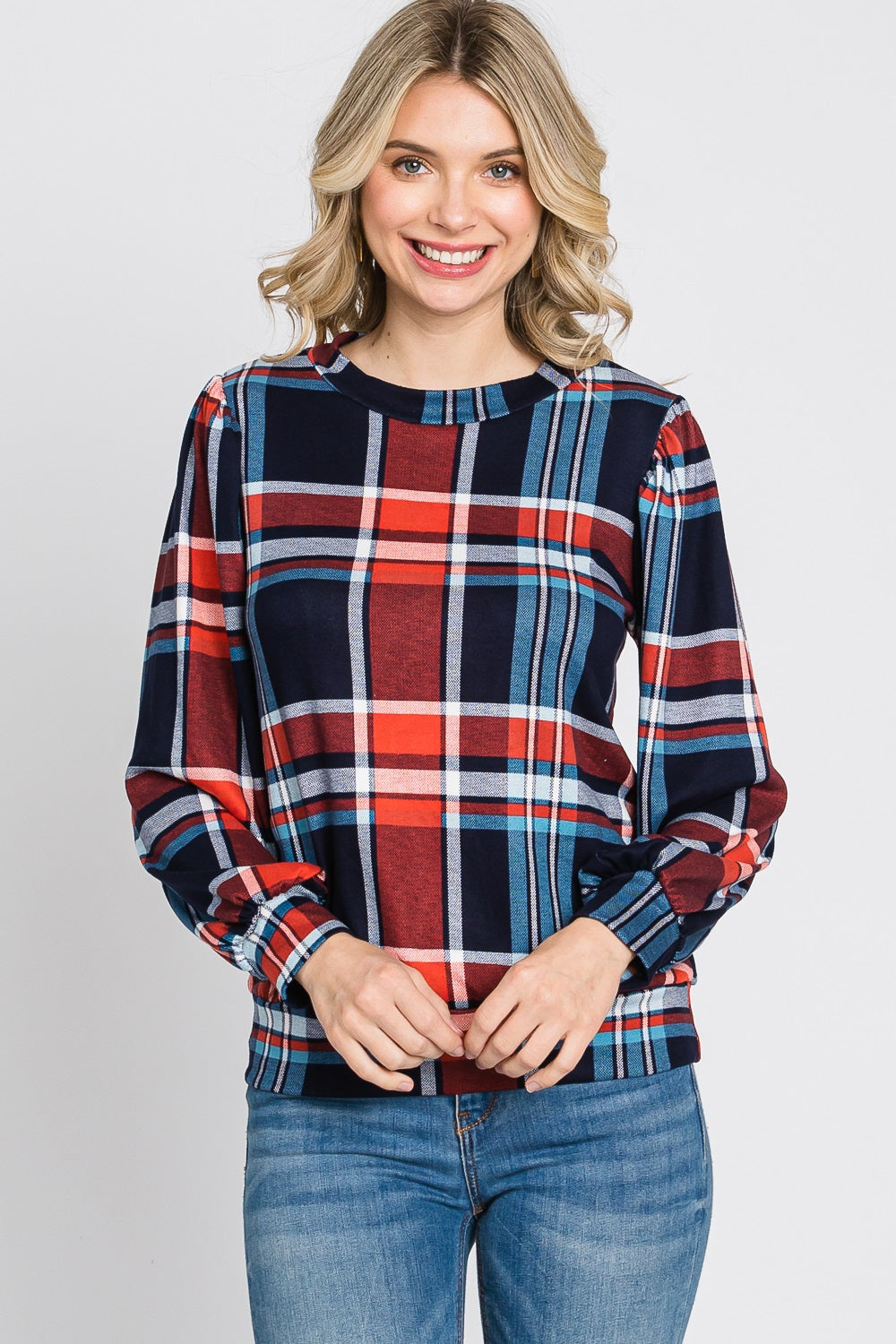 Long puff sleeve plaid banded bottom knit navy top