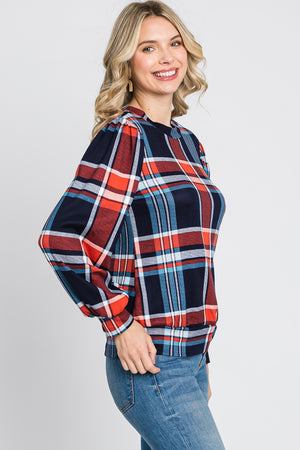 Long puff sleeve plaid banded bottom knit navy top