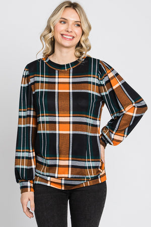 Long puff sleeve plaid banded bottom knit orange top