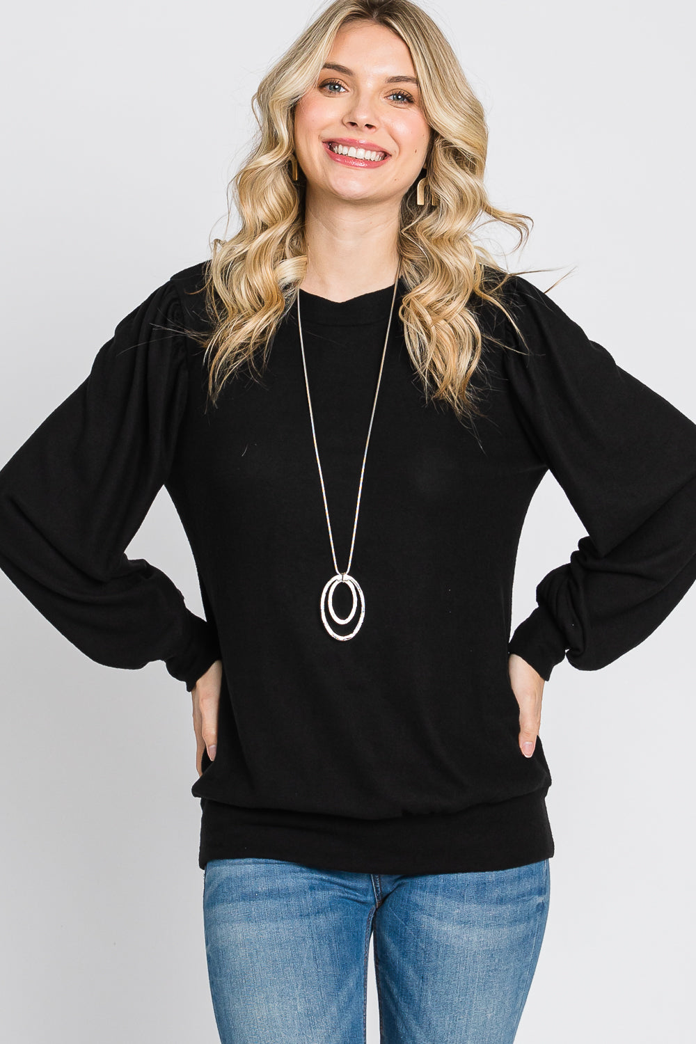 Puff sleeve banded bottom casual knit black top