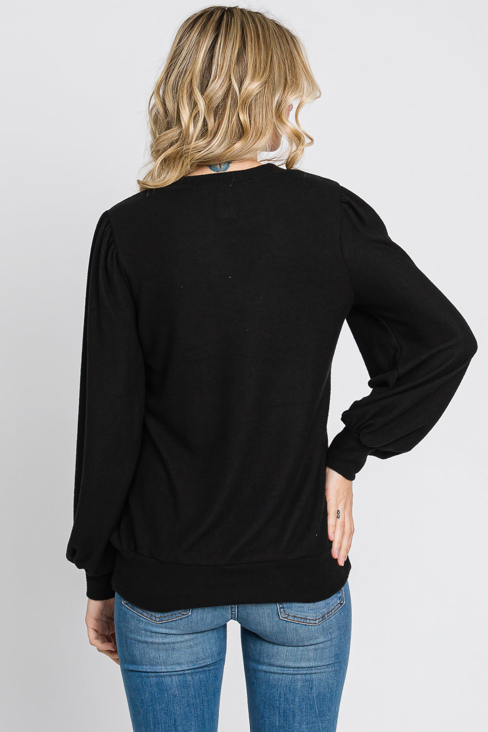 Puff sleeve banded bottom casual knit black top