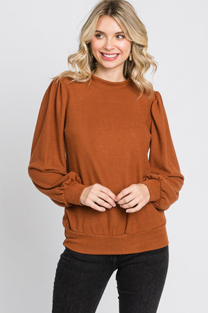 Puff sleeve banded bottom casual knit camel top