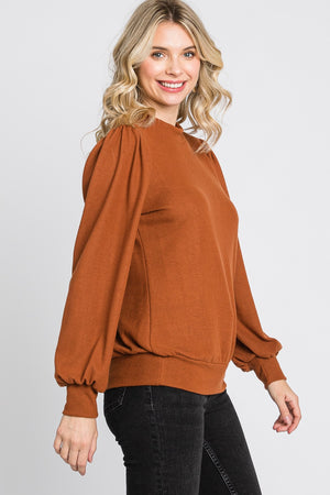 Puff sleeve banded bottom casual knit camel top