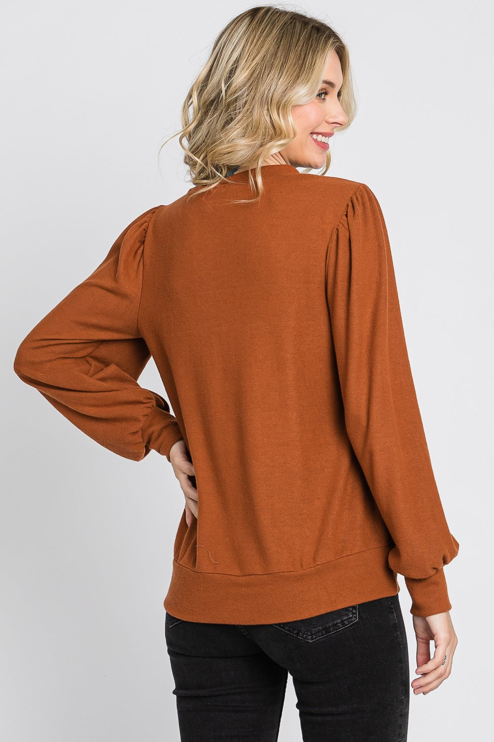 Puff sleeve banded bottom casual knit camel top