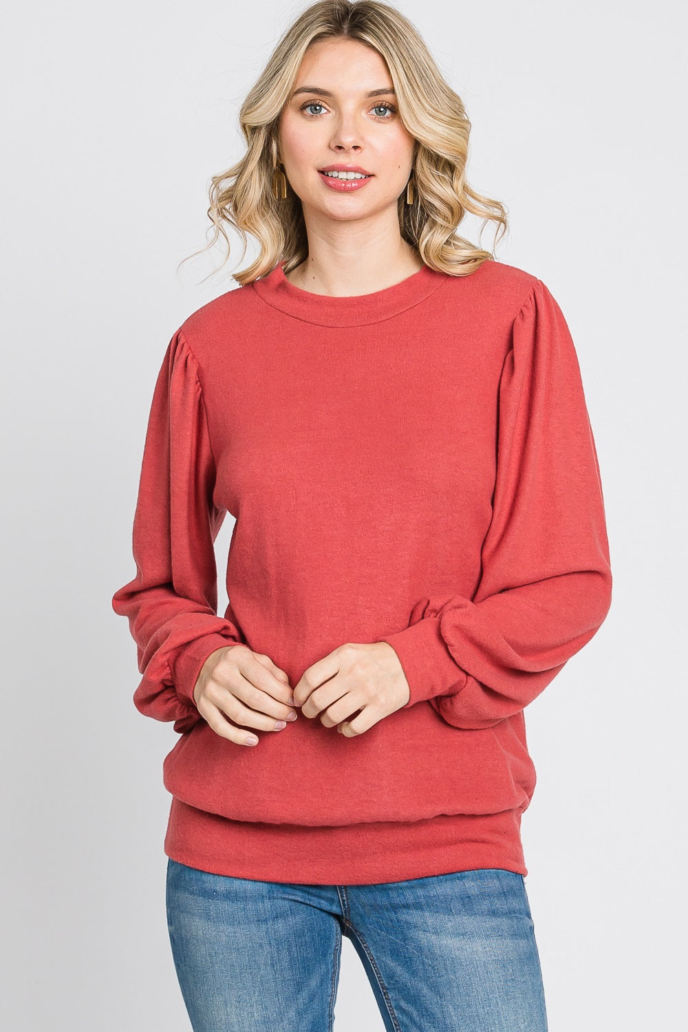 Puff sleeve banded bottom casual knit marsala top