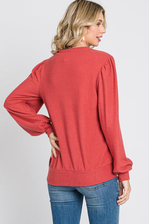 Puff sleeve banded bottom casual knit marsala top