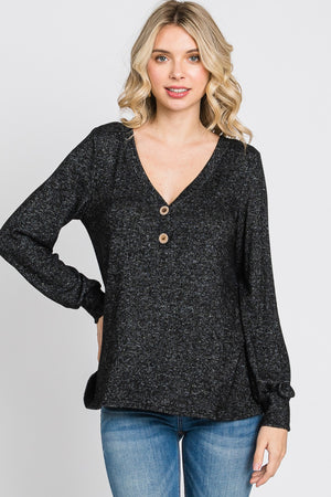 Long sleeve v neck button knit black top