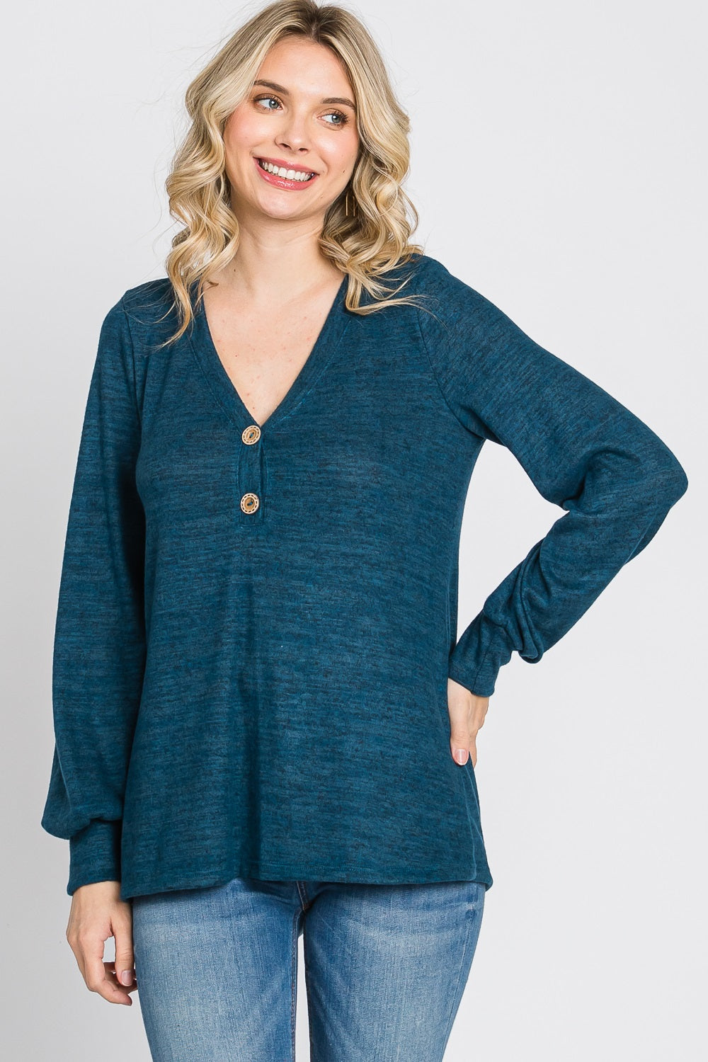 Long sleeve v neck button knit teal top