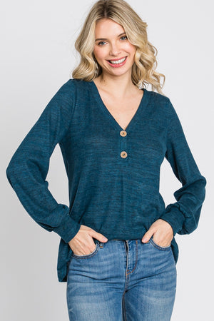 Long sleeve v neck button knit teal top