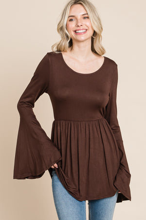 Bell sleeve scoop neck tie back brown top