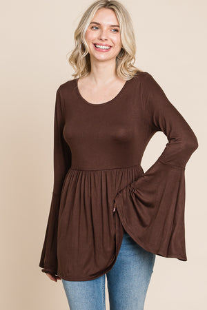 Bell sleeve scoop neck tie back brown top