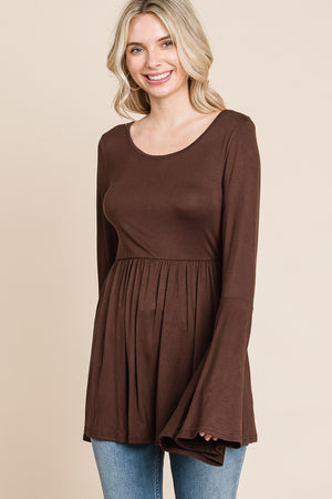 Bell sleeve scoop neck tie back brown top