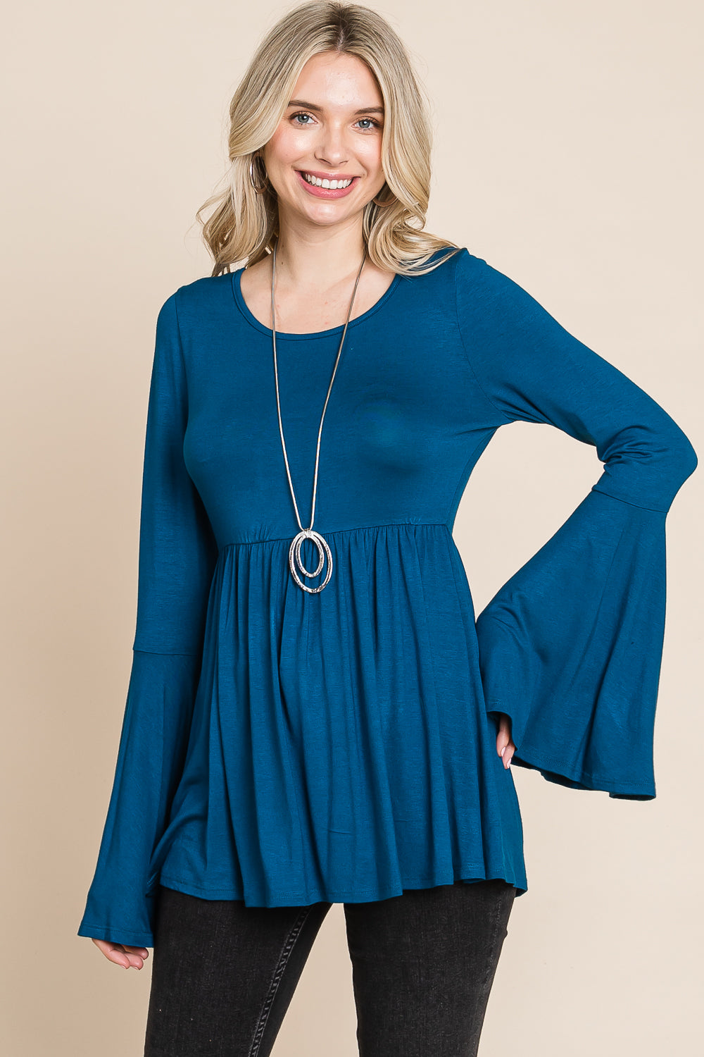 Bell sleeve scoop neck tie back teal top