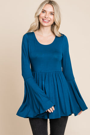 Bell sleeve scoop neck tie back teal top