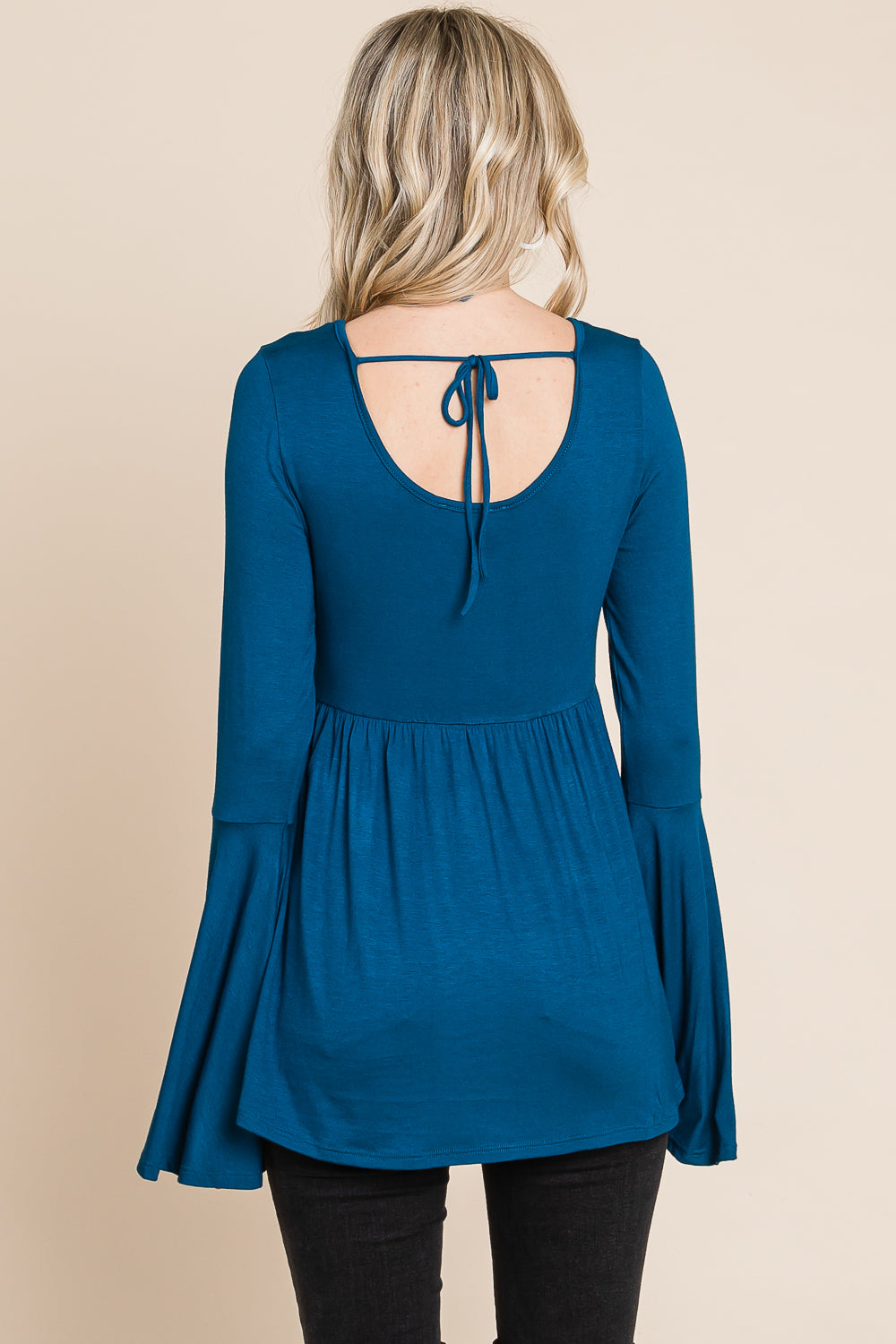 Bell sleeve scoop neck tie back teal top