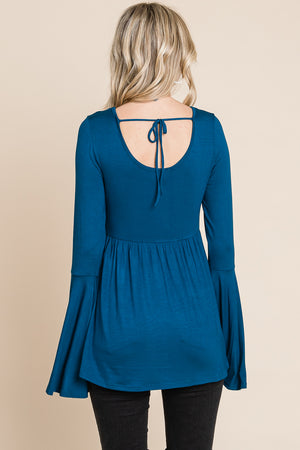 Bell sleeve scoop neck tie back teal top