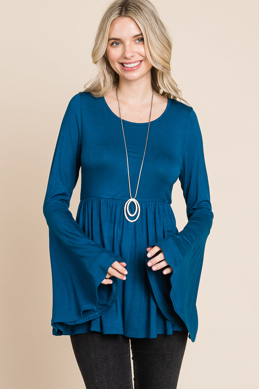 Bell sleeve scoop neck tie back teal top