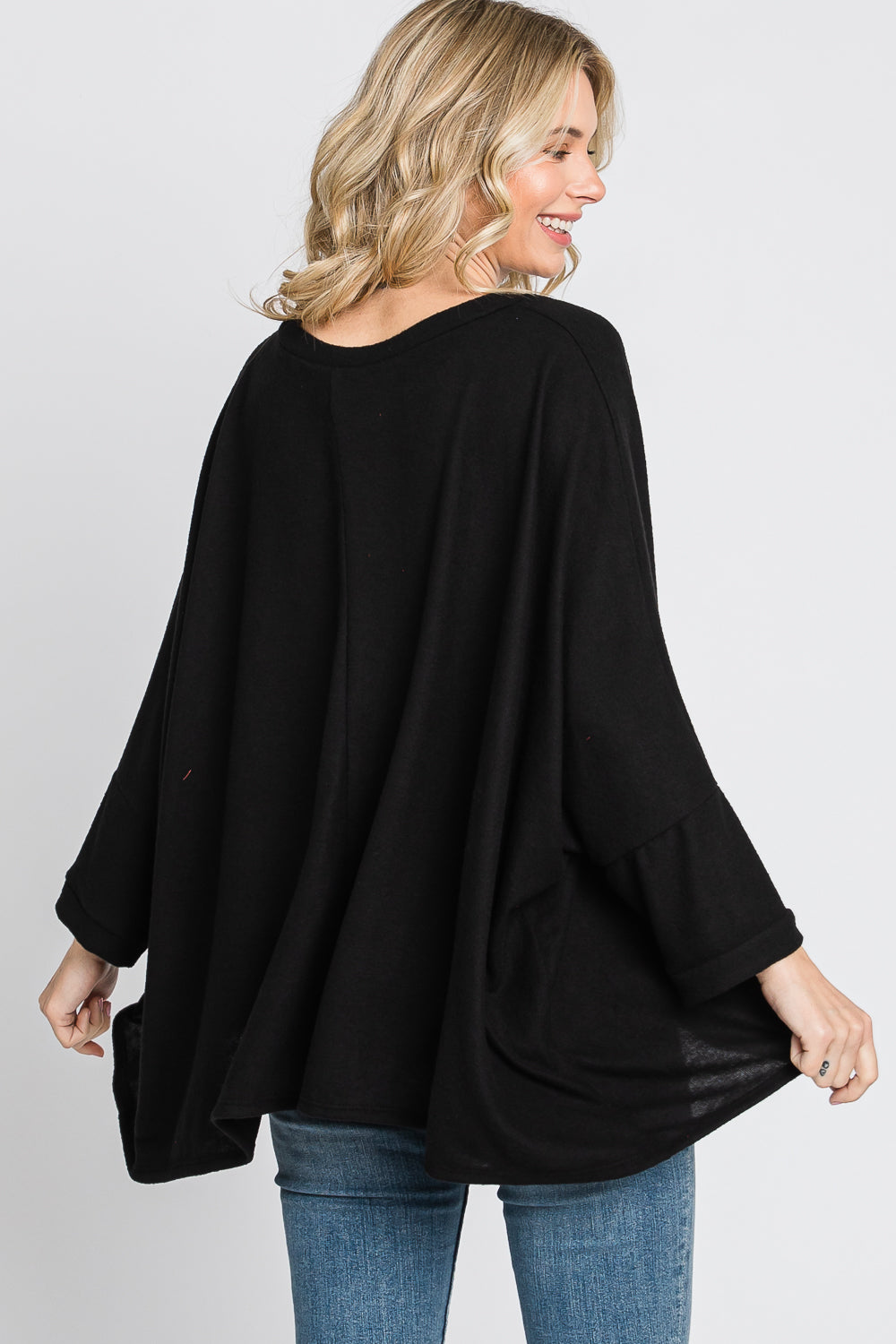 Scoop neck dolman sleeve sweater knit black top