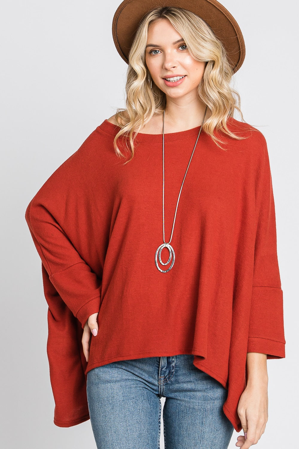 Scoop neck dolman sleeve sweater knit rust top