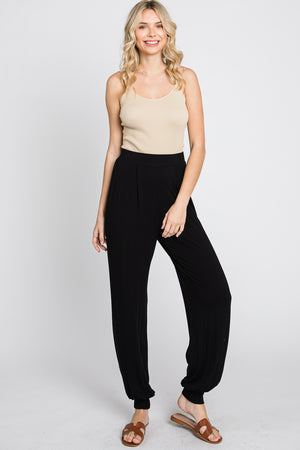 Elastic waist tapered long black pant